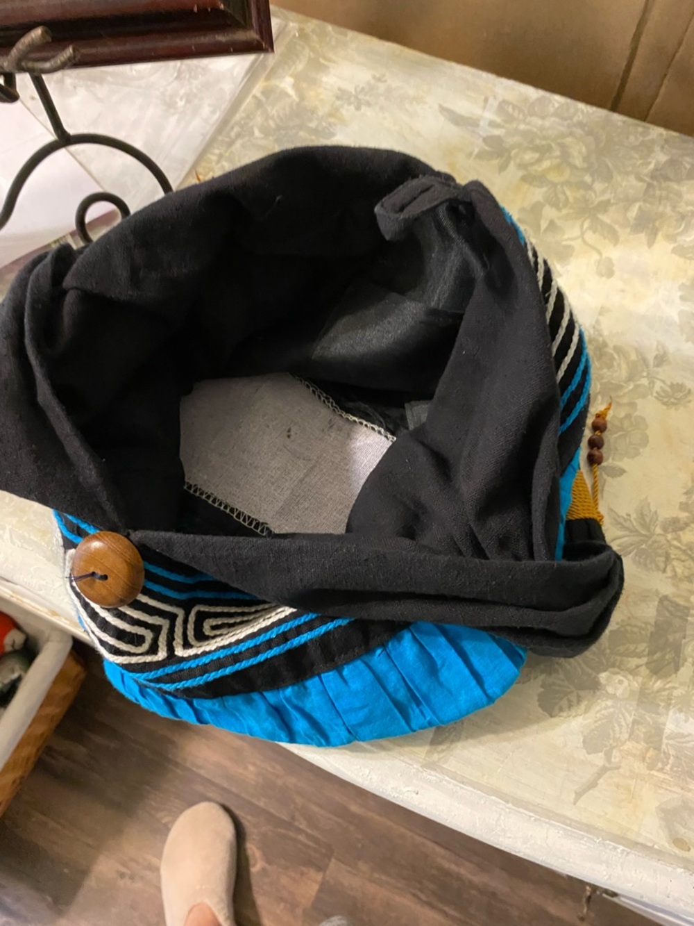 Black and Teal Boho Shoulder Bag with Decorative Trim - Picture 4 of 9